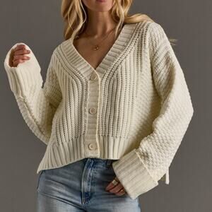 Ivory Knit Cropped Button Up Cardigan Cream